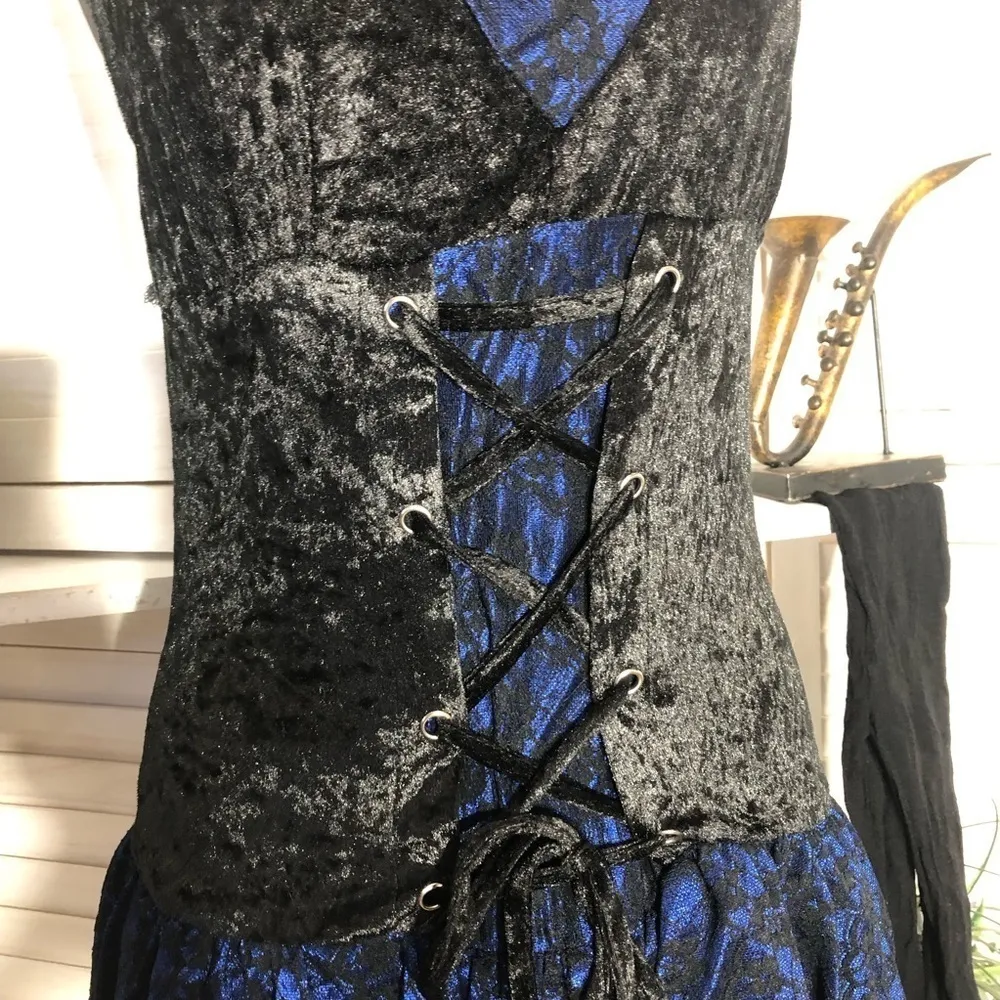 Midnight Vamp Halloween Costume Royal Blue Black Lace Mini Dress with collar M Size undefined - Image 10
