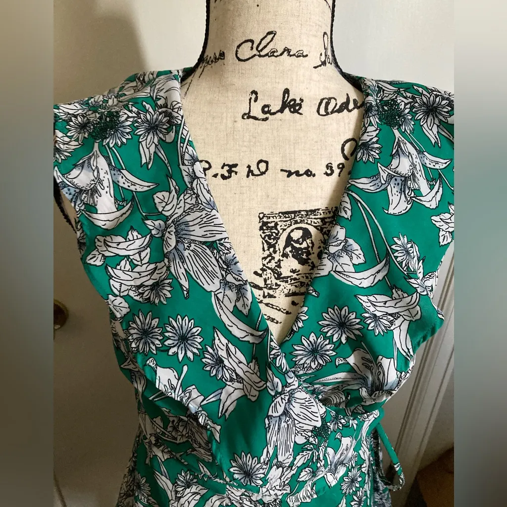Japna Green Floral Print Deep V-Neck Wrap Sleeveless Blouse #W - Image 3