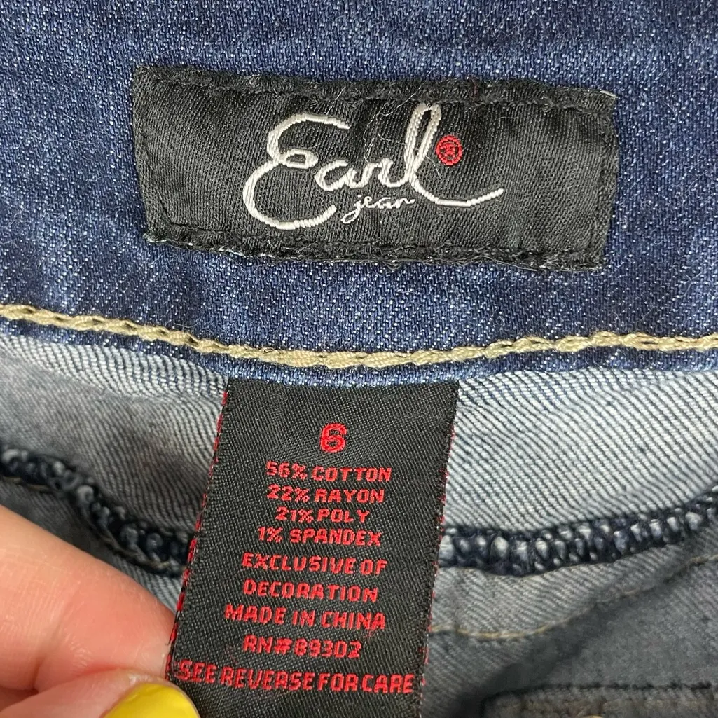 Earl Jean Straight Leg Embellished Embroidered Rhinestone Pocket Jeans Size 6 Blue - Image 6