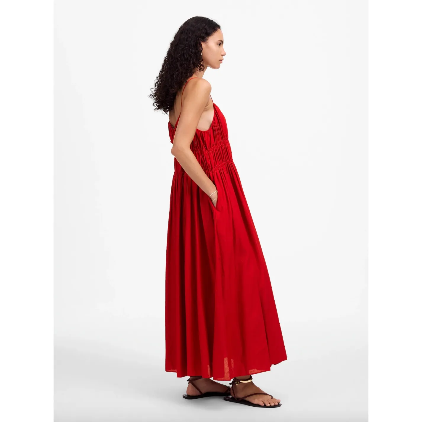 Madewell Textured V Neck Midi Dress Festival Red A Line Linen Cotton Medium NWT - Image 3
