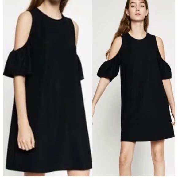 Zara Trafaluc Womens Small Mini Shift Dress Cold Shoulder Solid Black Size S - Image 2