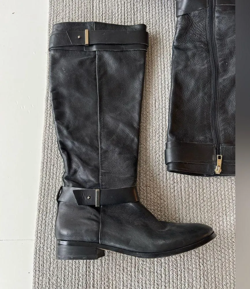 Ann Taylor Black Pebbled Leather Low Heel Tall Riding Boots Goldtone Buckles 6.5 - Image 10