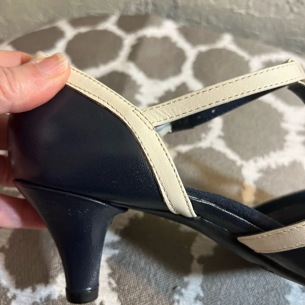 AEROSOLES Navy/Black and Cream Mary Jane Heels with Tapered Heel - Image 6