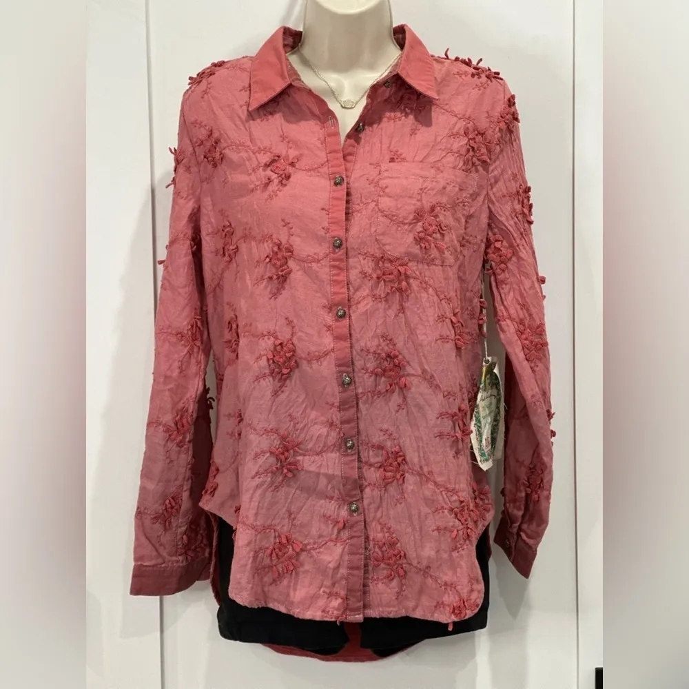 NWT Aratta Silent Journey Embroidered Button Up Top XS Coral Artsy Boho Festival Red - Image 2