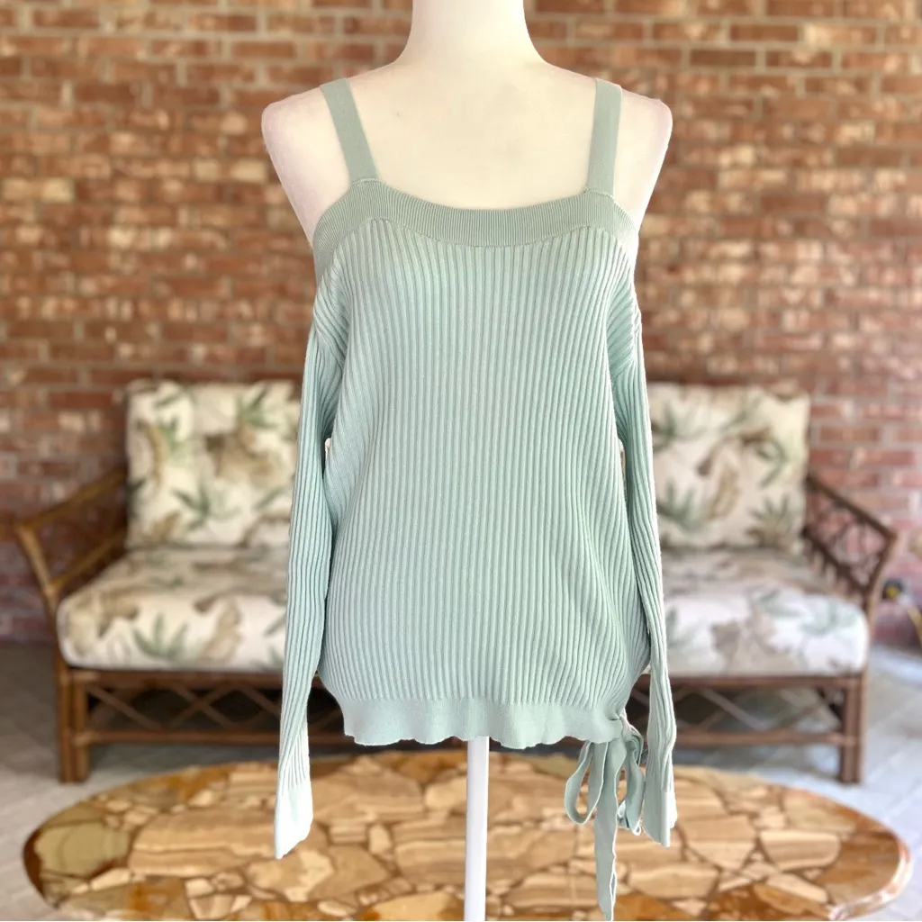 NWT Hem & Thread Sweater Cold Shoulder Ribbed Green Tie Hem S Dressy Party Mod - Image 13