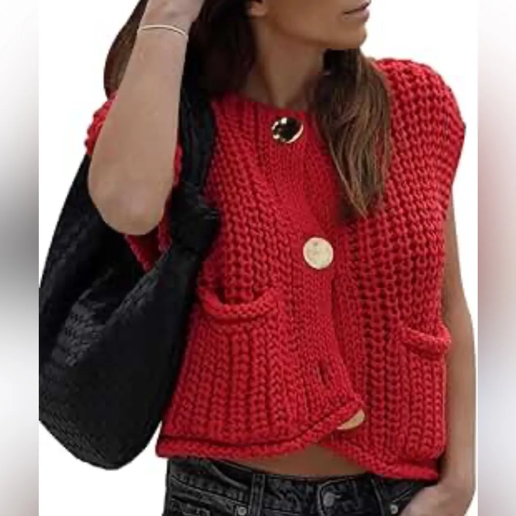 Knit Oversized Gold Button Sleeveless Vest Womens Large Red - Image 8