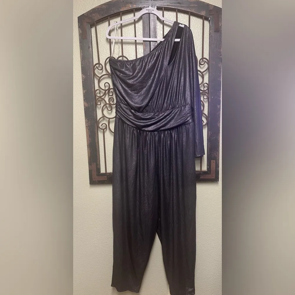 one shoulder pull on metallic black jumpsuit - Image 3