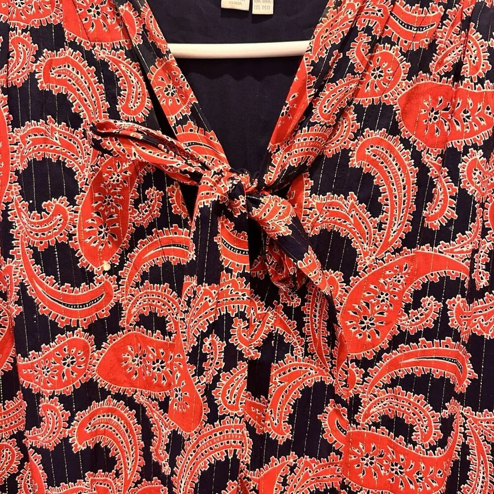 Boden Tie Neck Mini Dress Red Blue Gold Metallic Paisley Women’s‎ Size 14 - Image 9
