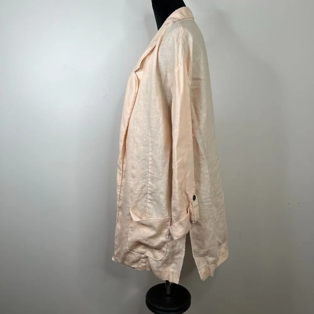 Three Dots Long Line 100% Linen Blazer with Roll Tab Sleeve & Side Slits, Sz Lg - Image 3