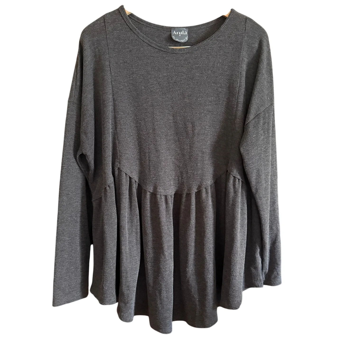 ARULA | Dark Gray Heather Waffle Scalloped Waist Babydoll Long Sleeve Top 2XL B Size 2X - Image 2