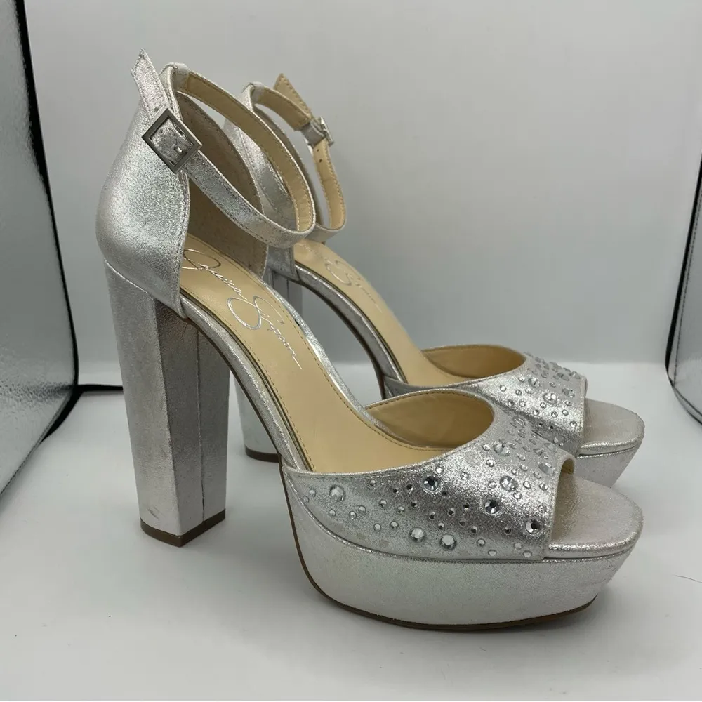 studs platform ankle straps silver pumps women Size 8 1/2 - Image 8
