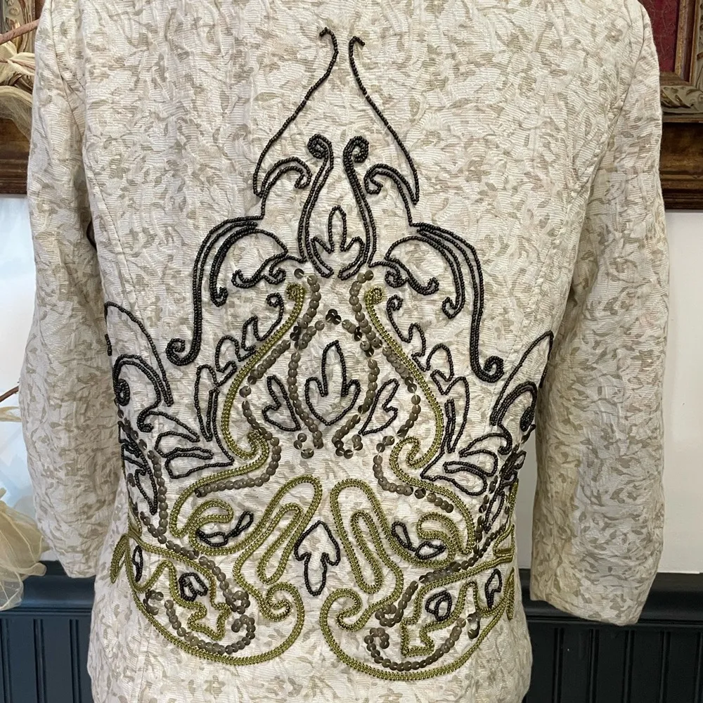 Coldwater Creek Beaded Scroll Embroidered Cream Open Ruched Jacket - Sz 10P 💚🎀 - Image 10