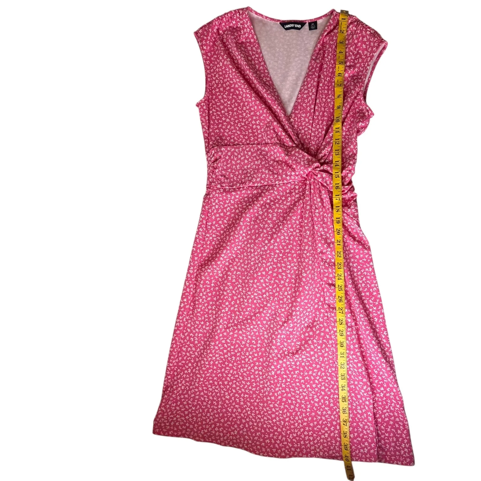 Lands End Pink Floral Faux Wrap Knit Dress Medium Stretch Comfy Feminine Modest - Image 8