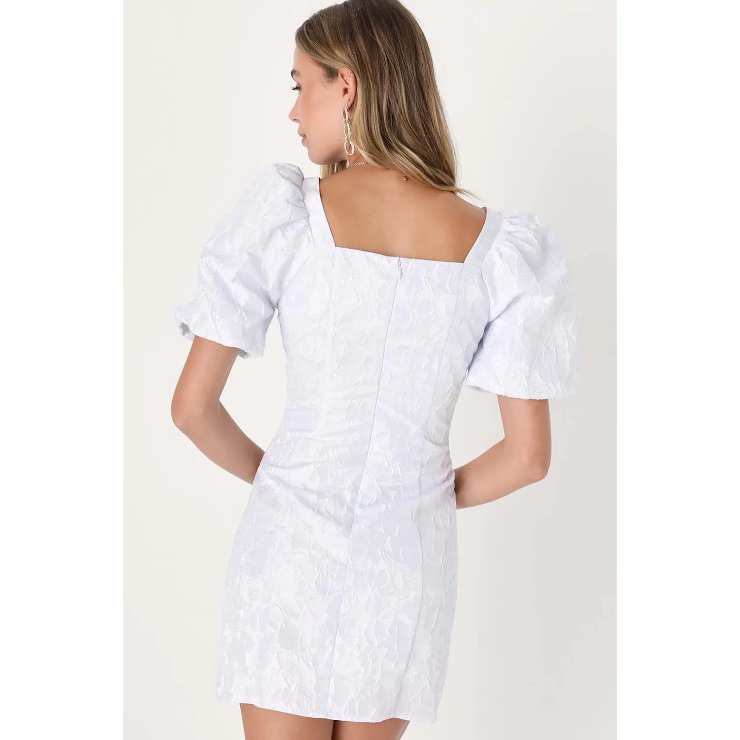 NWT Lulus Beyond Amazing White Floral Jacquard Puff Sleeve Dress Cocktail Size S - Image 3