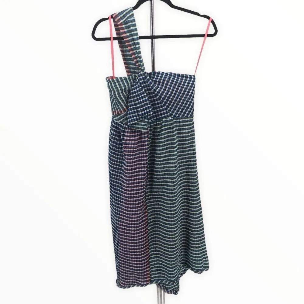 Maeve Waverly One Shoulder Multicolor Gingham Midi Dress size 6 - Image 3