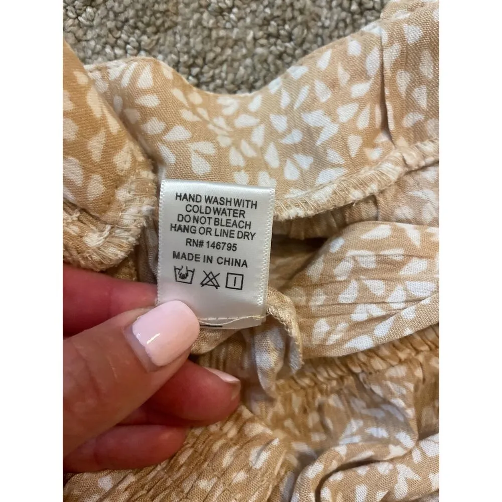 Dee Elly Tan & White Floral Boho Tie Strap Oversize Jumpsuit M - Image 9