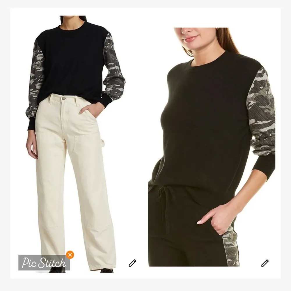 Monrow Camo Contrast Sleeve Pullover Crewneck Sweater Black Size M - Image 3