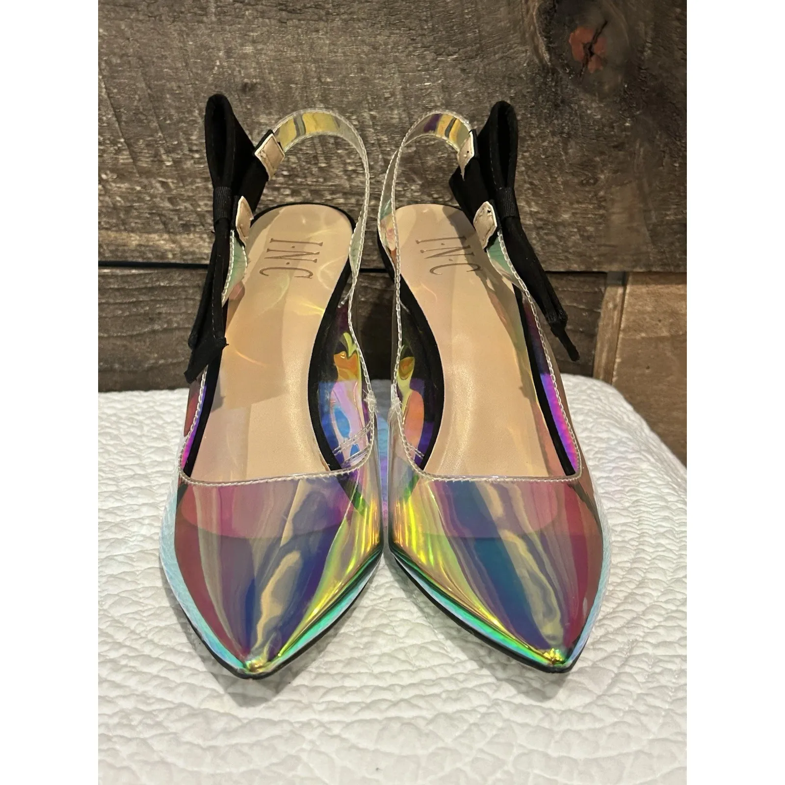 INC Women Coletta Iridescent Vinyl Sling Back Heels Size 8.5 M Side Black Bow - Image 4