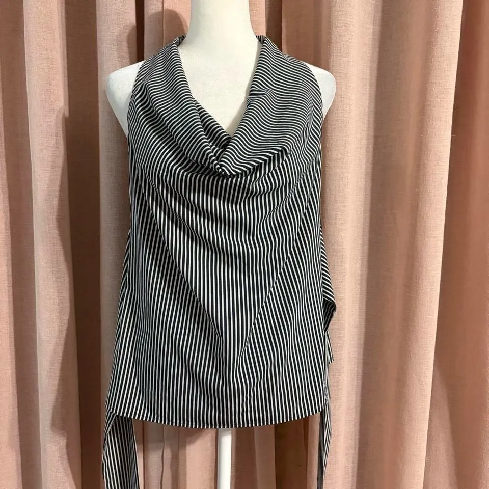 striped y2k cowl neck halter wrap belt sleeveless top office chic - Image 3