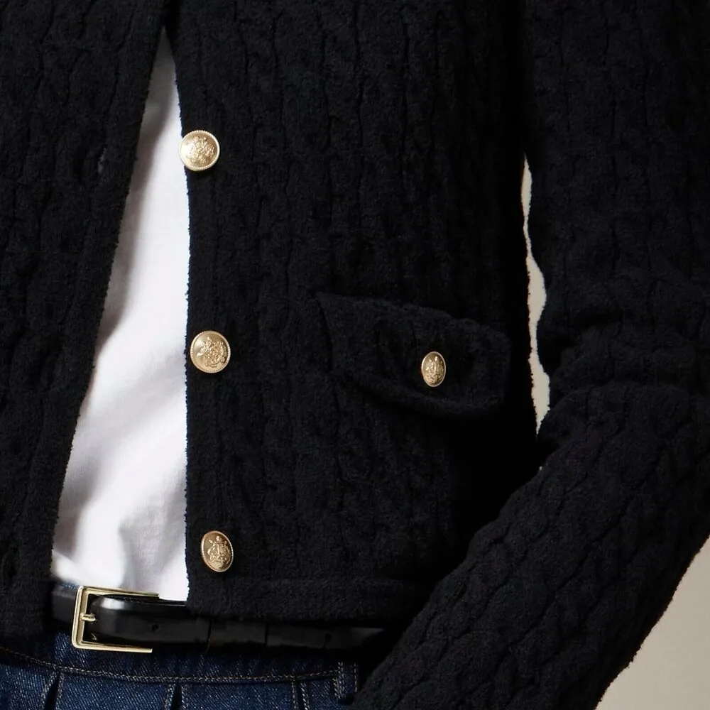 NWT J.Crew Odette in Black Cotton-blend Bouclé Cable-knit Sweater Lady Jacket L - Image 7