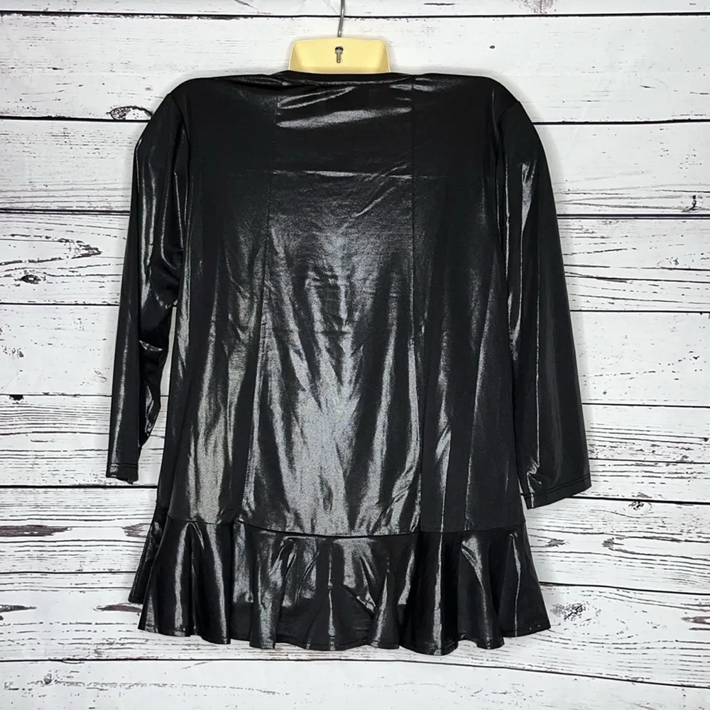 Attitudes by Renee NWT Size S Black Shimmer Ruffle Cha Cha Hemline Blouse Top - Image 2