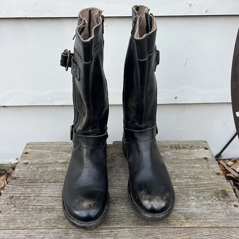 Bed Stu Gogo Lug Moto Boots Black Brown Gold Distressed Leather Side Zip Size 7 - Image 2