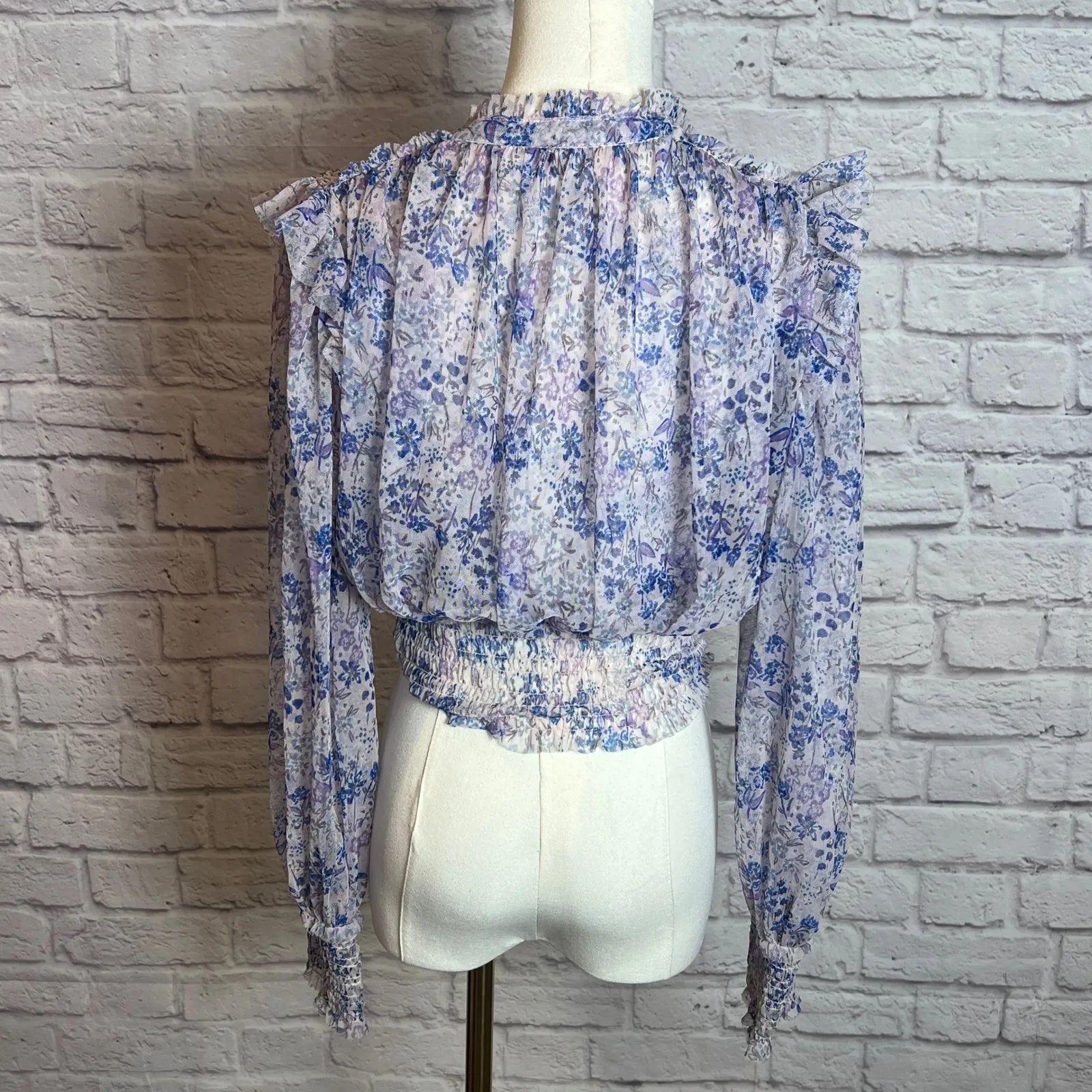 Free People Sheer Floral Mesh Smocked Blouse Women's Small Boho Cottagecore - Image 4