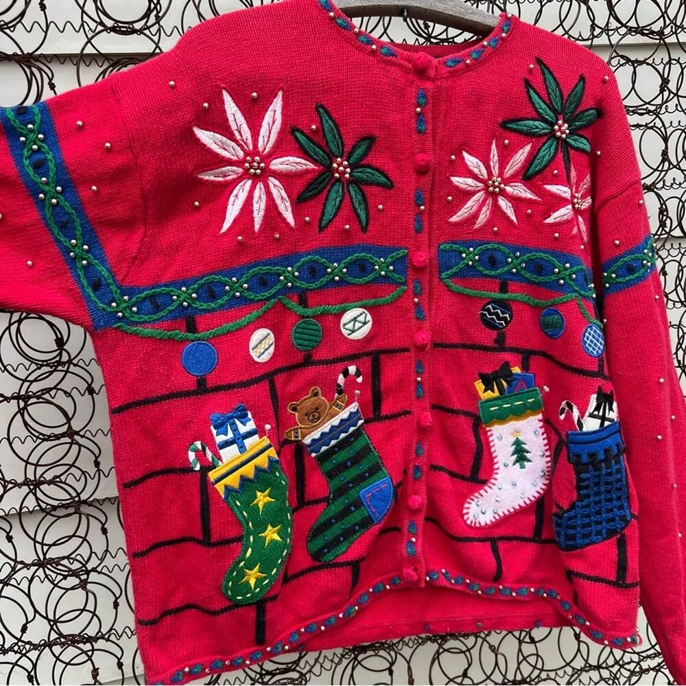 Vintage 90s ugly Christmas cardigan sweater poinsettias stockings presents Red Size XL - Image 2