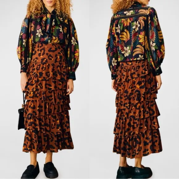 NWT FARM Rio Leopards Caramel Ruffle Tiered Maxi Skirt Size S - Image 2