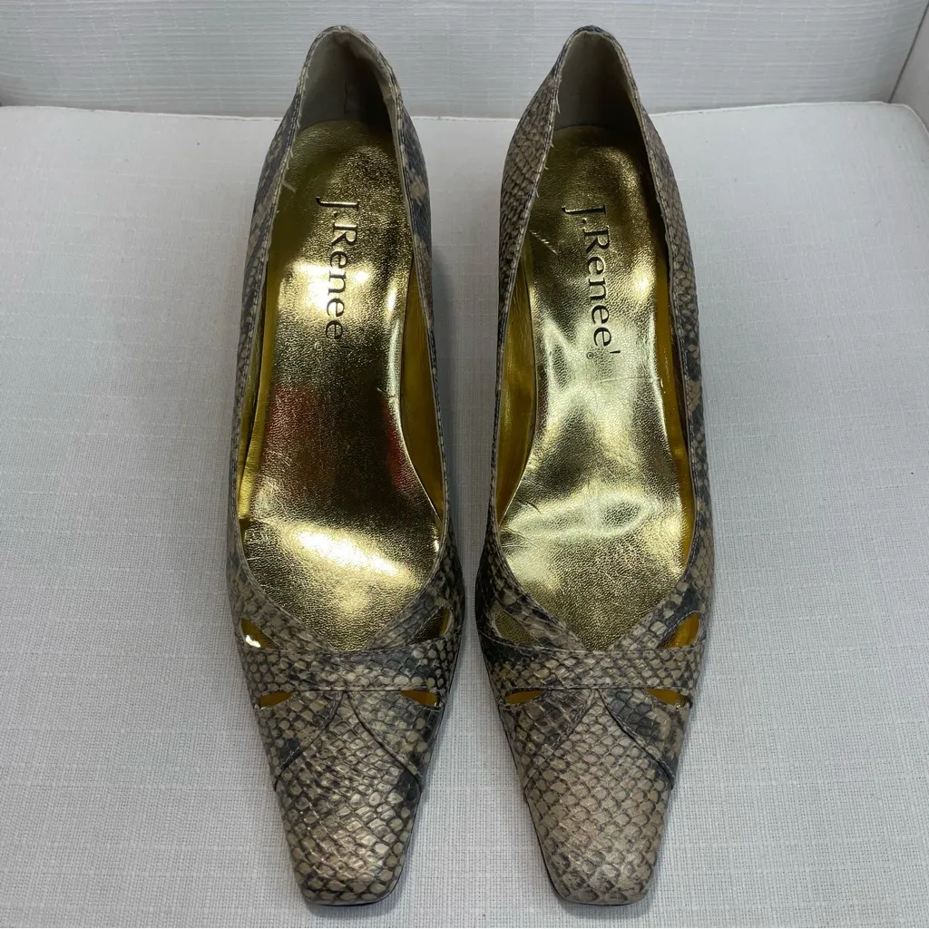 J Renee Women’s Size 9N Marion Gold/Cream Faux Snakeskin Kitten Heel Pumps Brown - Image 3