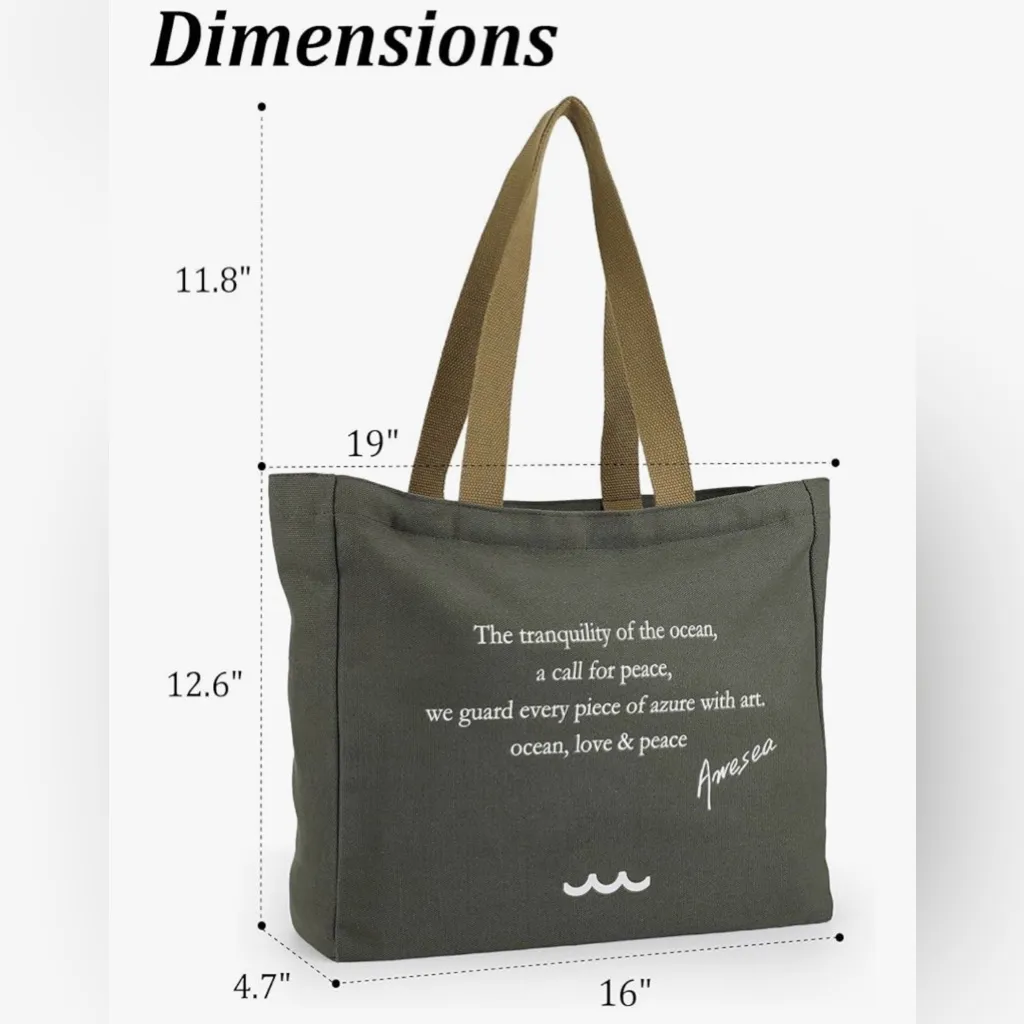 NEW Large Canvas Tote Bag Durable interior Pocket Zipper Travel Daily Use 13x19” Gray - Image 5
