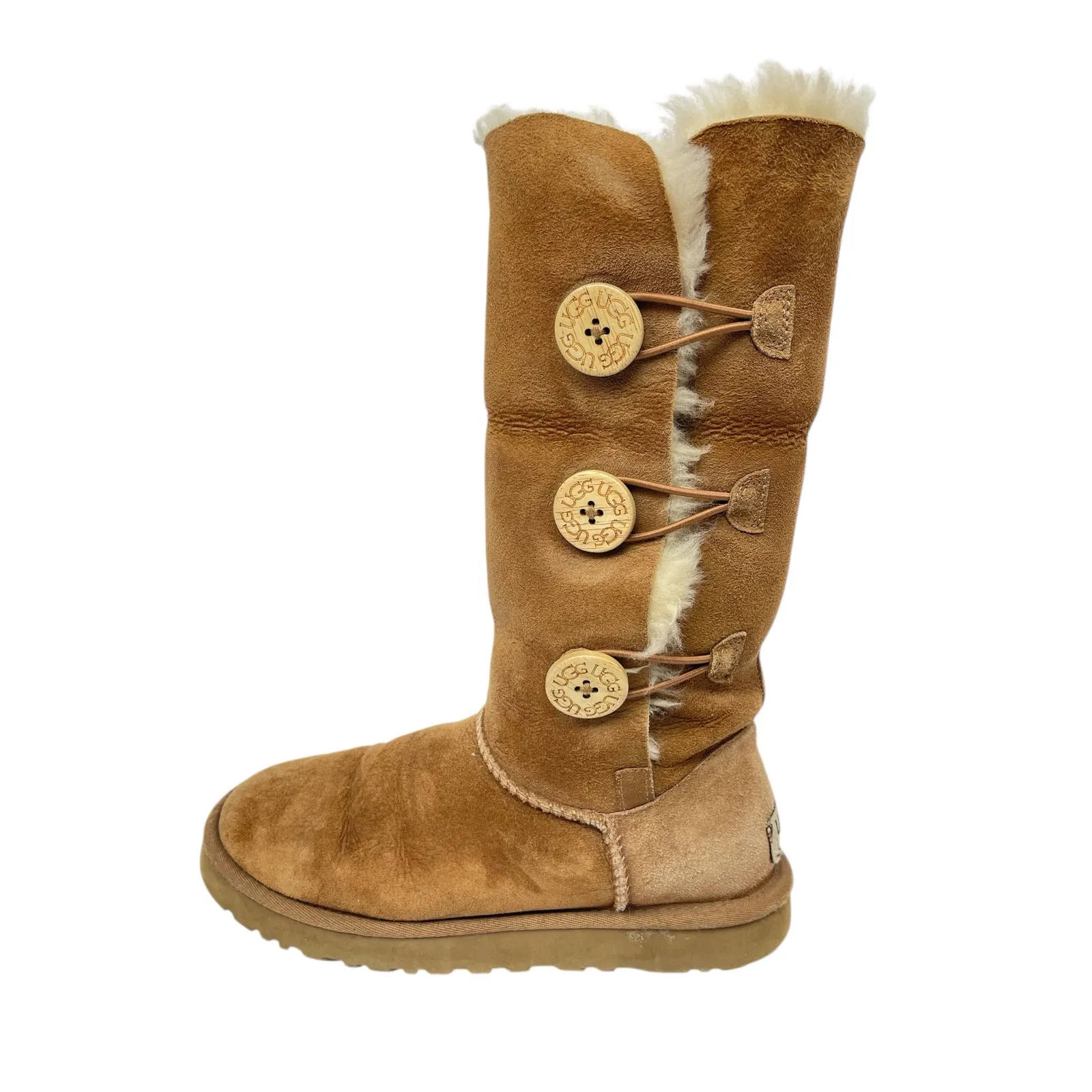 UGG Bailey Button Triplet II Brown Shearling Leather Mid Calf Snow Boots Size 7 - Image 2