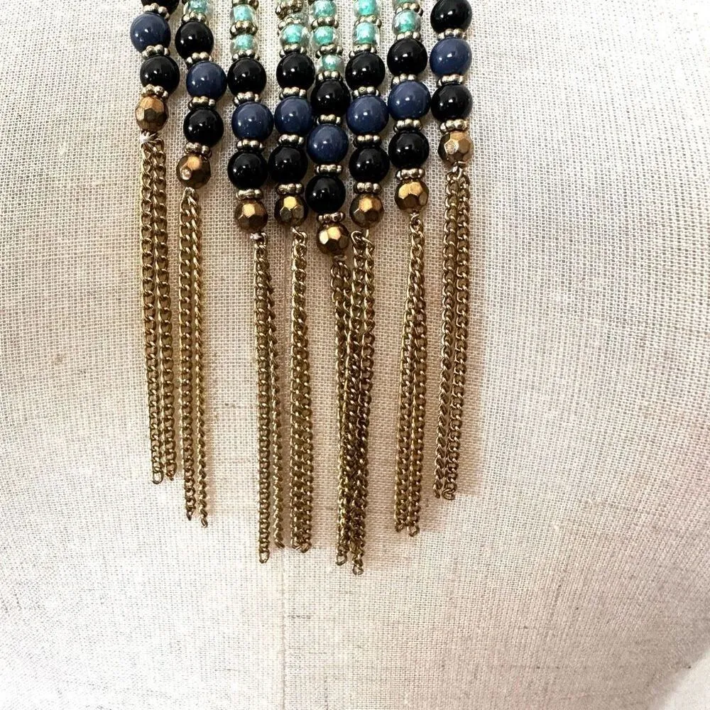 Blue and green beaded gold tone fringe necklace - Image 5