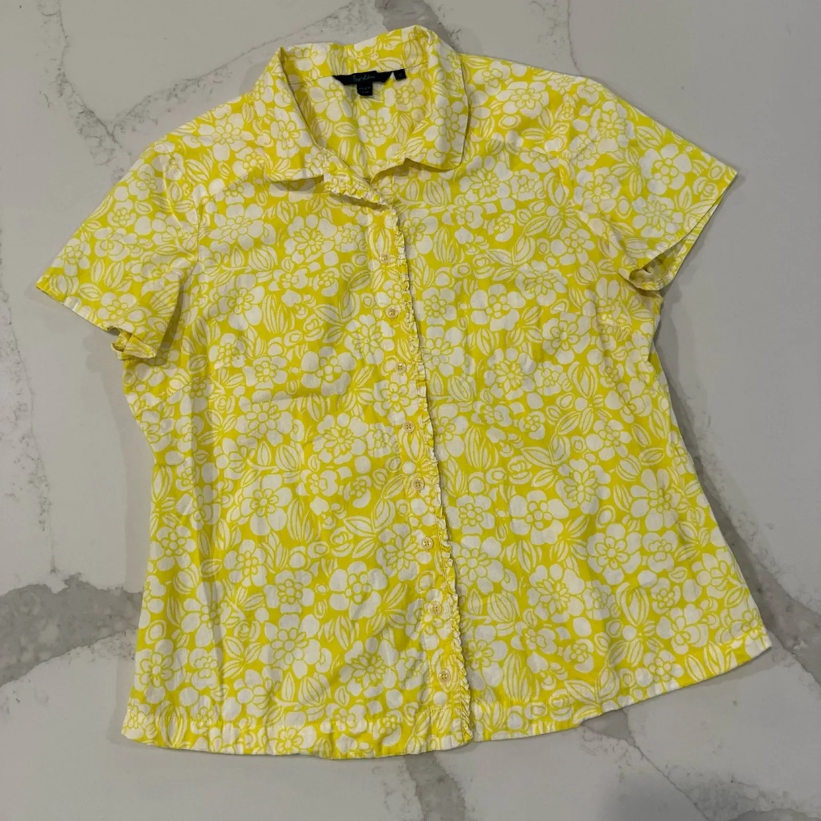 Boden Floral Ruffle Trim Button Down Short Sleeve Shirt Women’s 16 Bright Yellow - Image 1