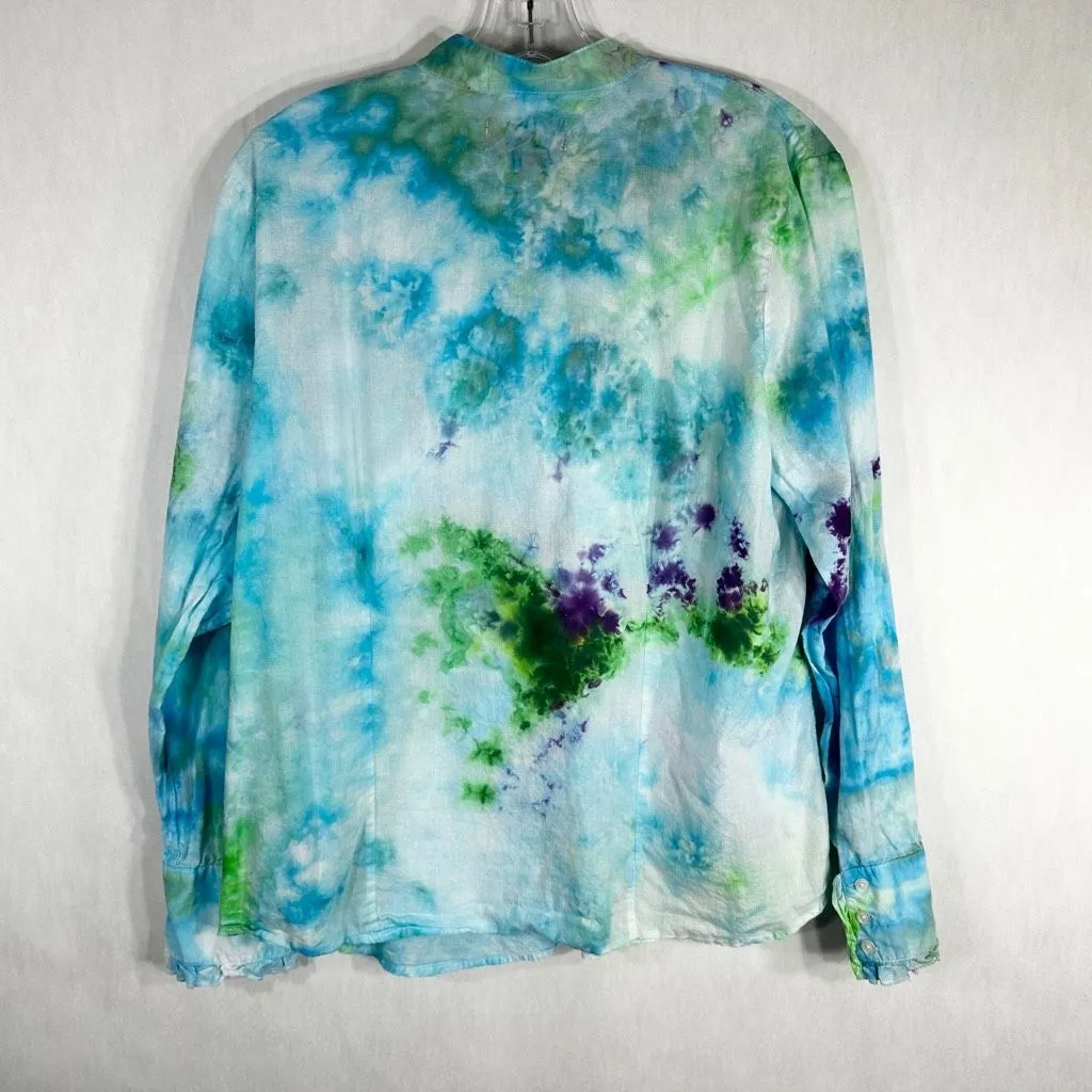 Canyon River Blues XL Blouse Ruffle Ripples Tie Dye Handmade Blue Green 511 - Image 2