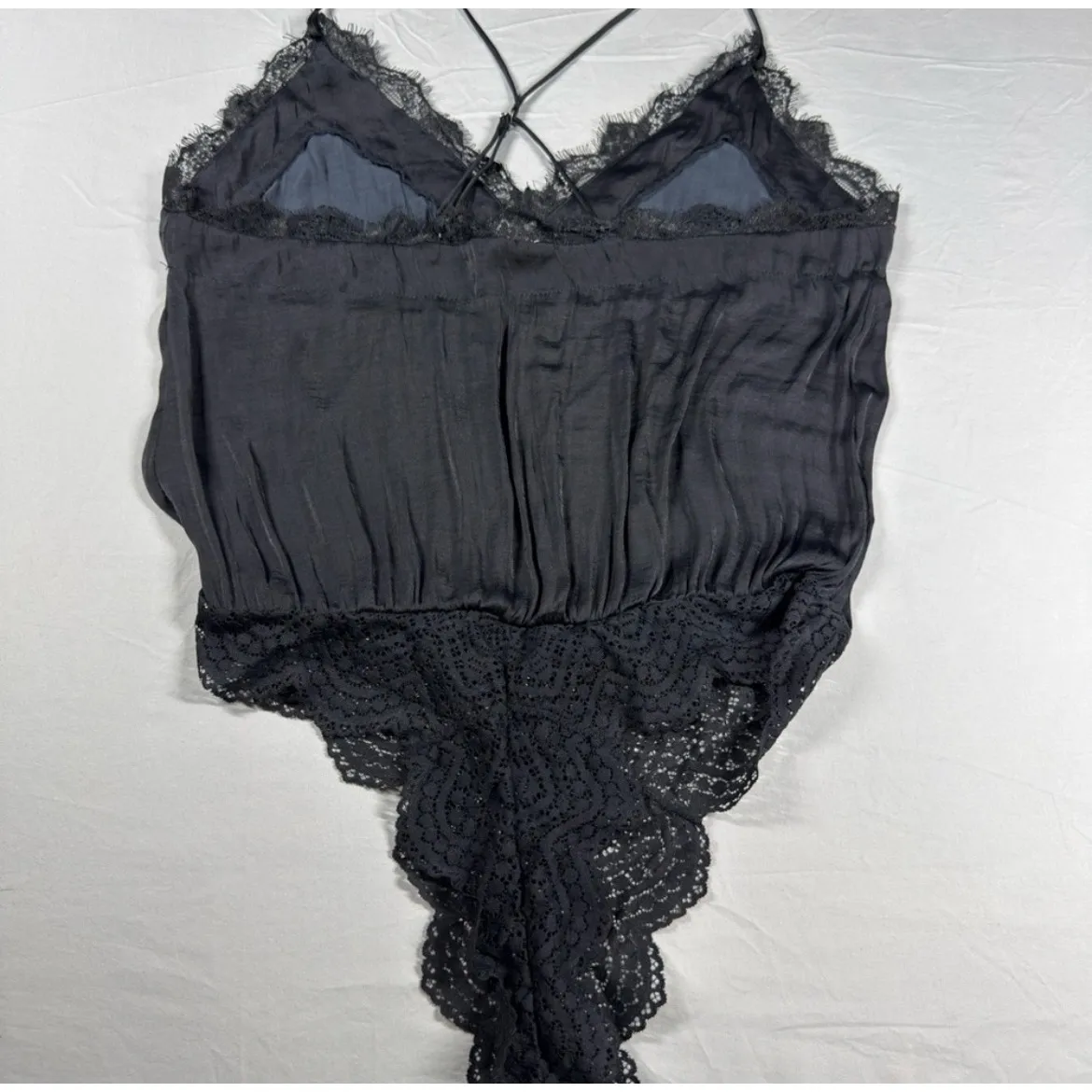 Free People Black Lace Trim Satin Cami Bodysuit Lingerie - Image 2