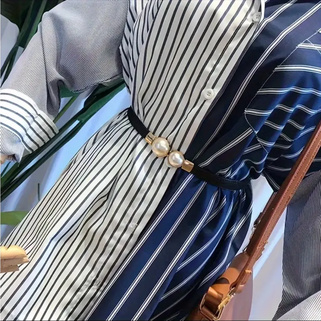 Thin Double Faux Pearl Buckle Solid Color PU Leather Waist Thin‎ Belt One Size Black - Image 7