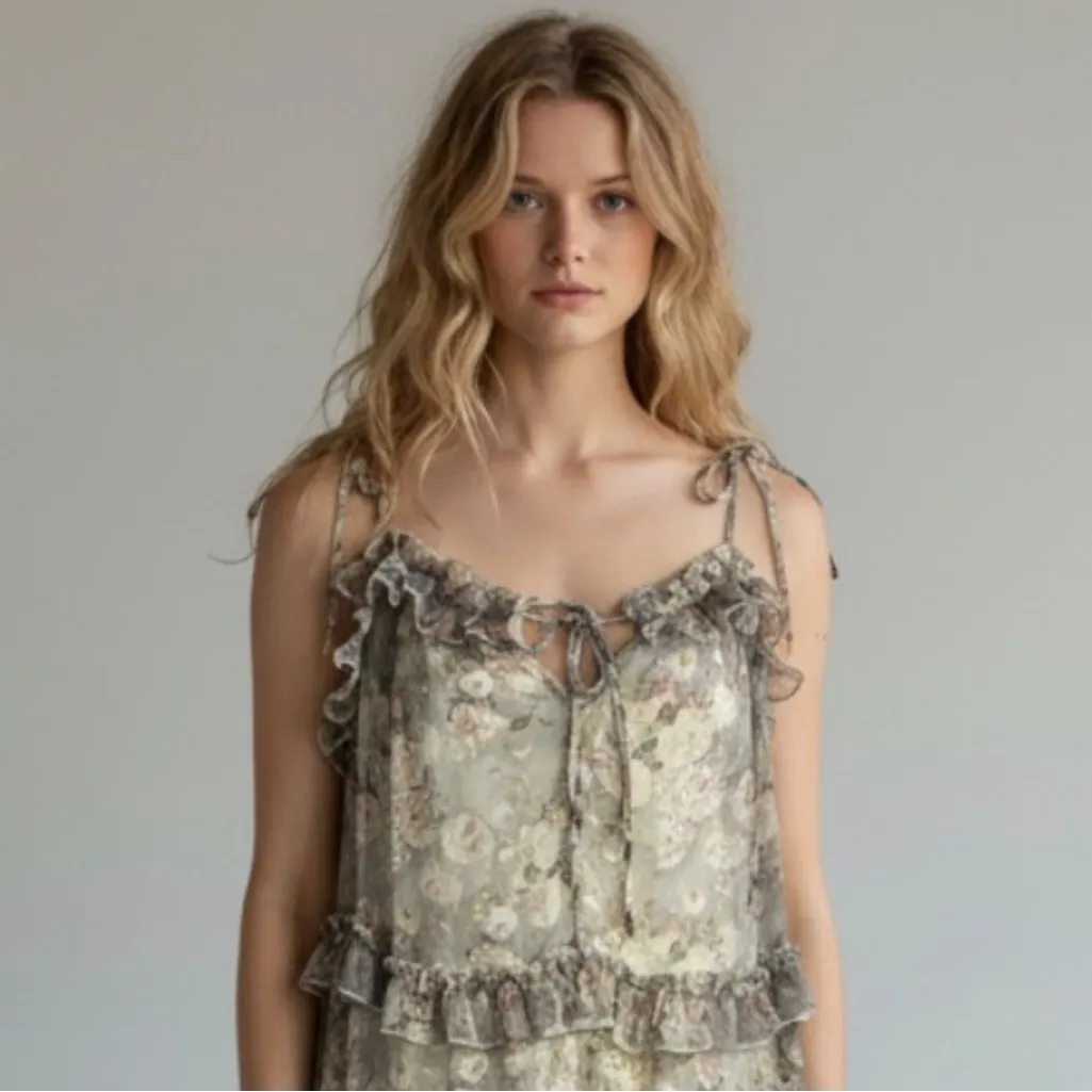 Choosy Ethereal Dainty Tiered Asymmetrical Ruffle Midi Dress Muted Floral Size 4 Gray - Image 2