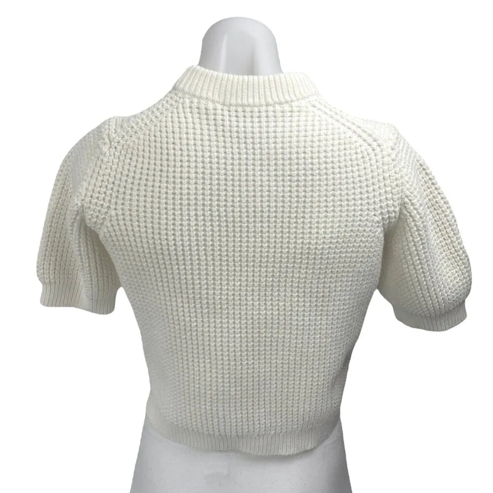 French Connection White Waffle Knit Puff Sleeve Mock Neck Crop Sweater Top Sz M - Image 2