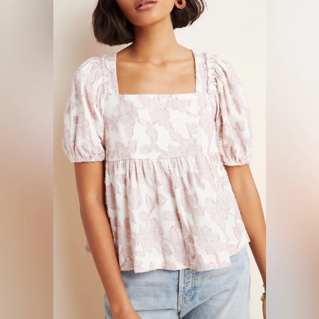 Maeve Anthropologie Floral Textured Babydoll Top Pink Cream Size XL - Image 3