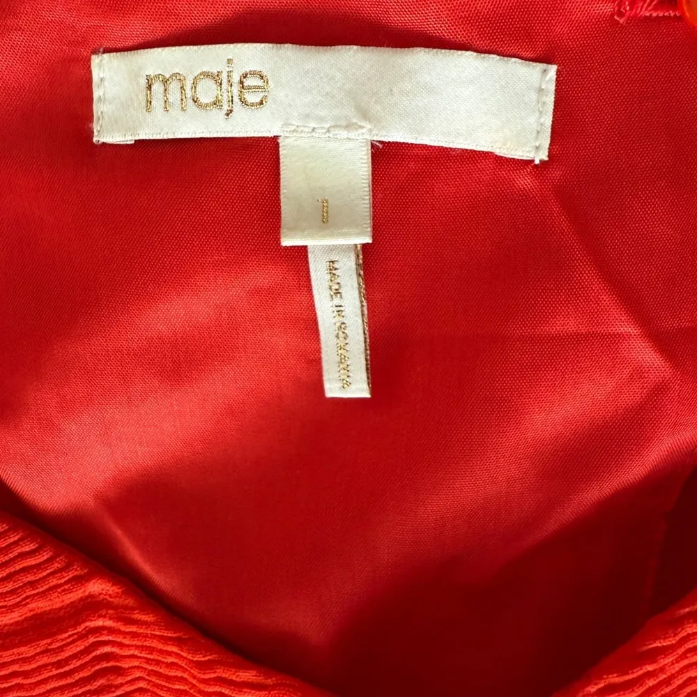 Maje Red Textured Smocked Waist Short Sleeve Ruffle Hem Dress Size 1 - Image 4