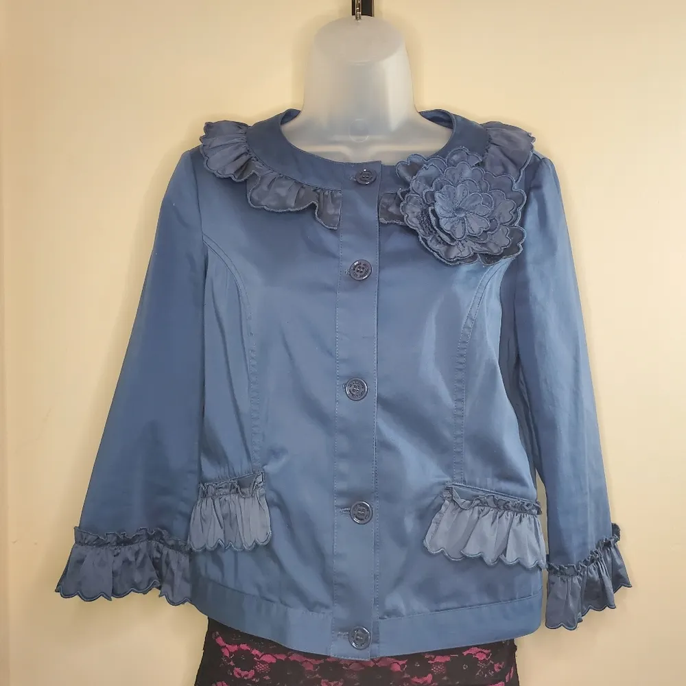 Love Moschino Blue Ruffled Button Down Coat Size 4 - Image 2