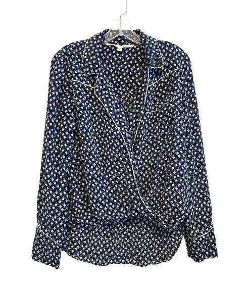 Veronica Beard Worth Silk Blouse Size 8 Floral Black Blue Flowy V-neck Faux Wrap - Image 1