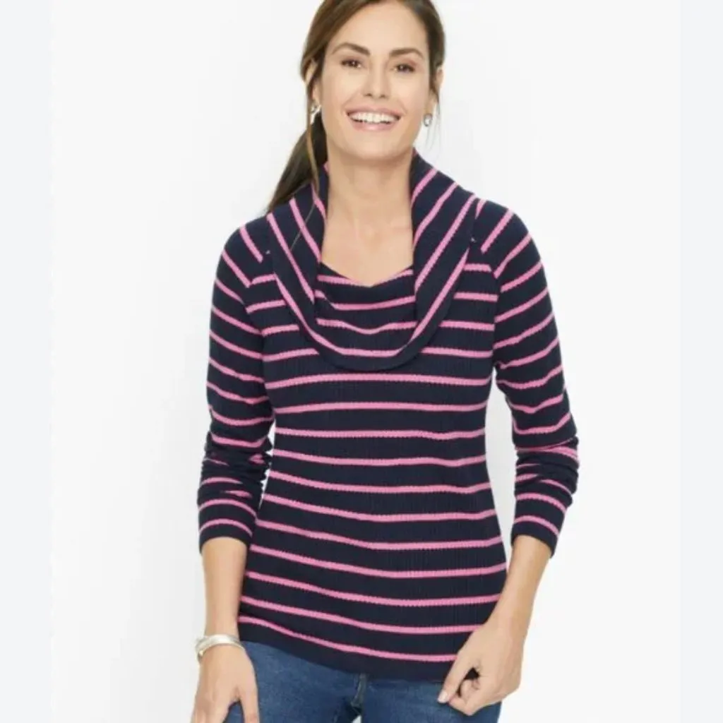 Talbots Navy Blue & Pink Striped Waffle Knit Cowl Neck Long Sleeve Top - Image 3