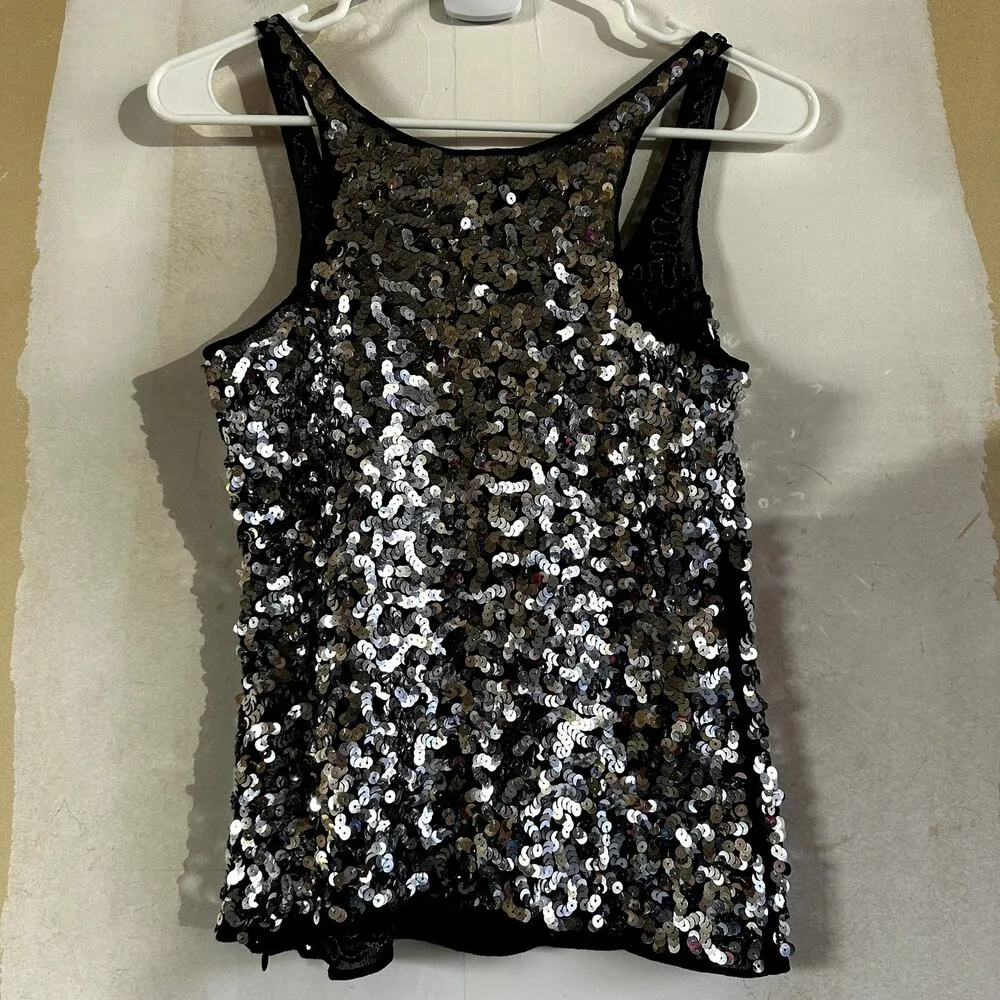 Gianni Bini Sequin Tank Top Scoop Neck Racerback Party Disco Rave Silver 2 - Image 5