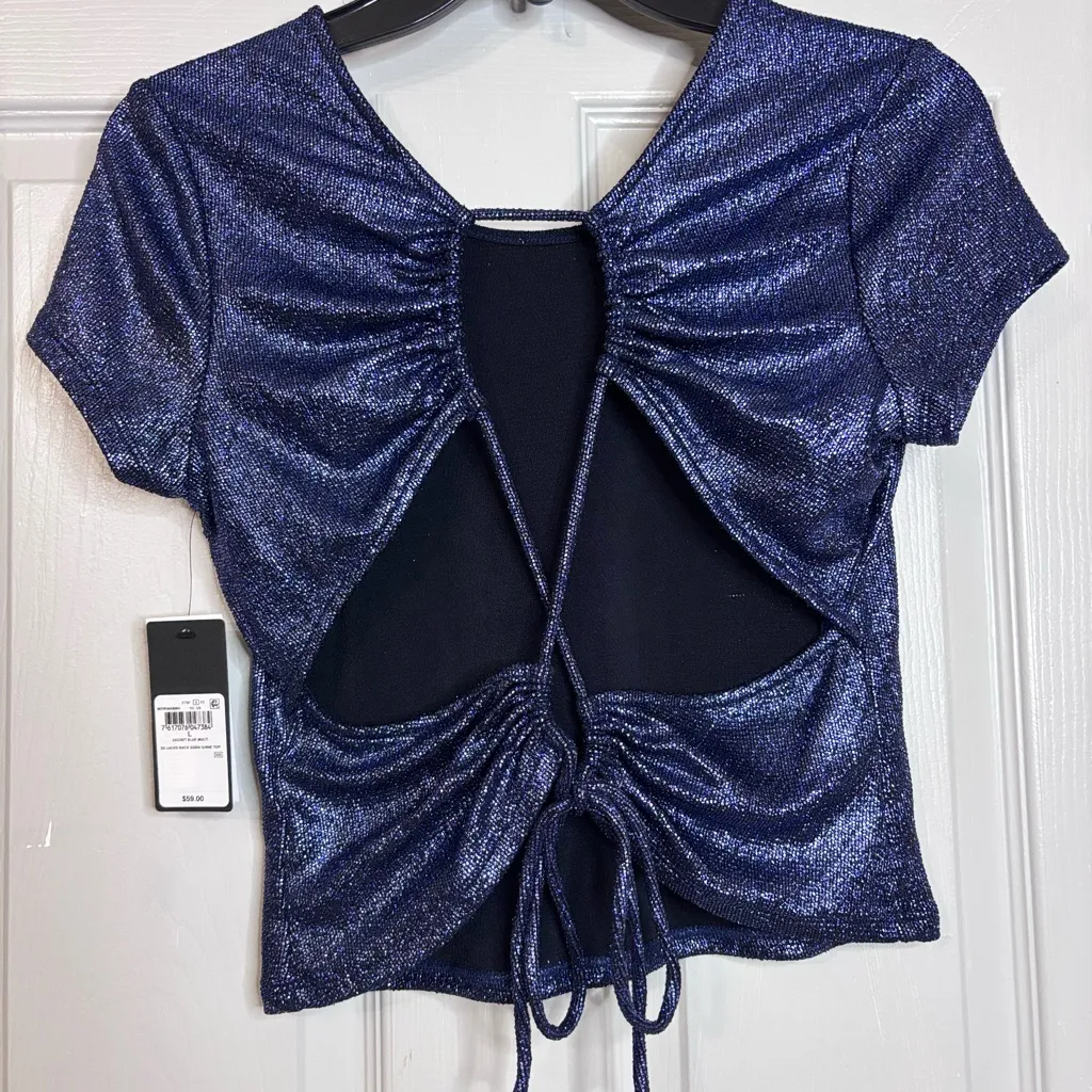 Guess Laced Back Sidra Shine Top NWT Blue Open Back Glitter Crop top Large - Image 3