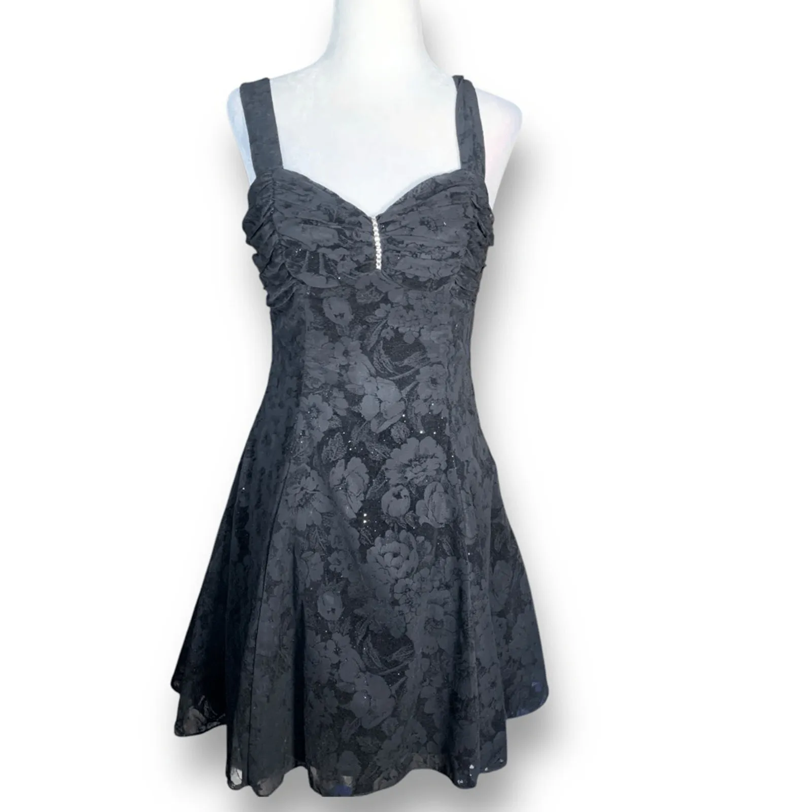 Vintage 90s Zum Zum Black Flocked Floral Fit & Flare Mini Dress Open Back Small - Image 14