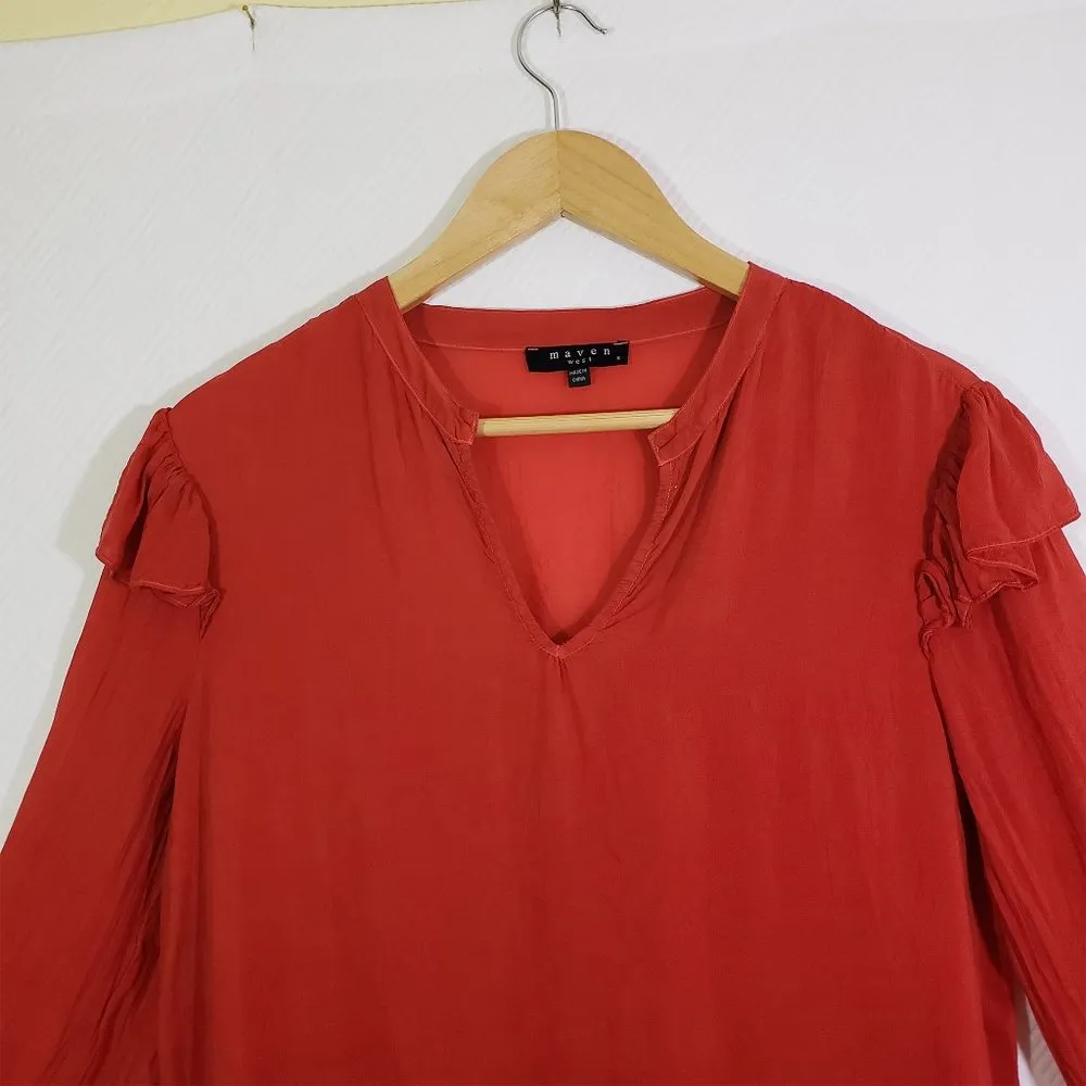 MAVEN WEST Anthropologie Small Red Semi-Sheer, V-Neck, Ruffle, Oversized Top - Image 6