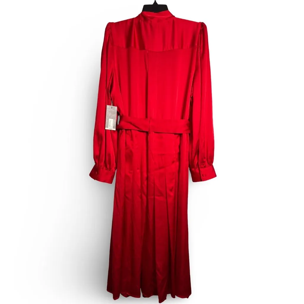 Worthington Red Satin Dress Womens XL Long Sleeve Tie V-Neck Midi Belted Pleats - Image 3