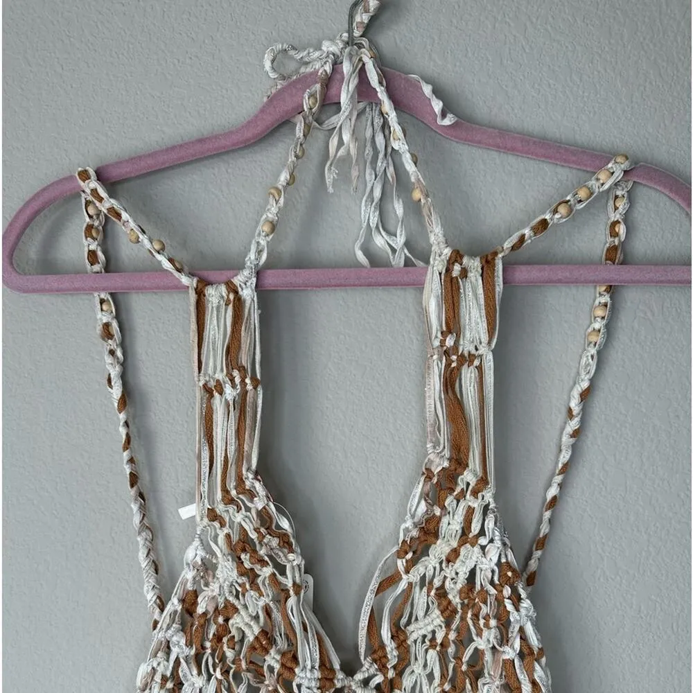 FREE PEOPLE Festival Macrame Metallic Beaded Halter Tank Top Cover Up Size Small - Image 4